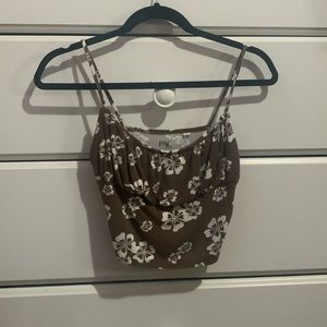 PacSun Brown Cropped Tank-Top With White Hibiscus Flower Detail.